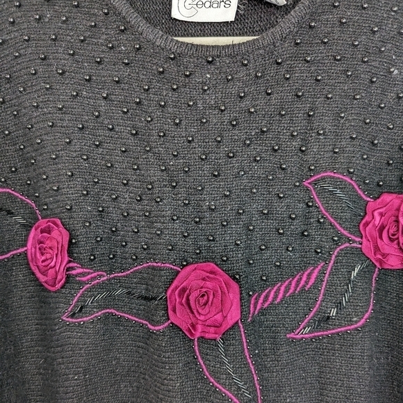 Vintage 80s Silk Angora Floral Beaded Sweater Black Pink Roses Whimsigoth Size M - Picture 6 of 11